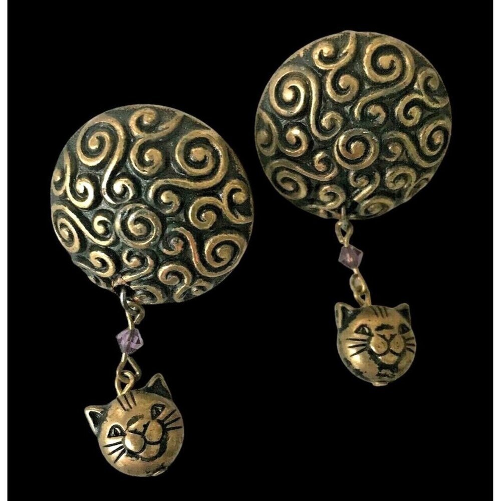 Cat Earrings Handmade Vintage One of  Kind New Purple Crystals Kitty Lov…